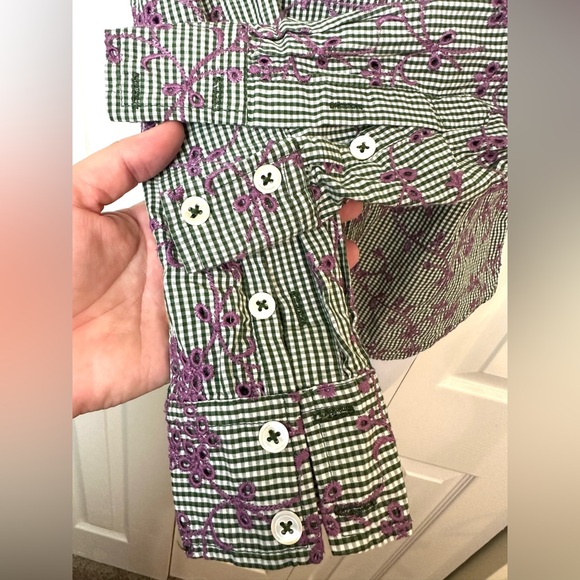 Anthro ODILLE Embroidered Eyelet ButtonDown Shirt Top Blouse Green Purple White - Picture 6 of 12